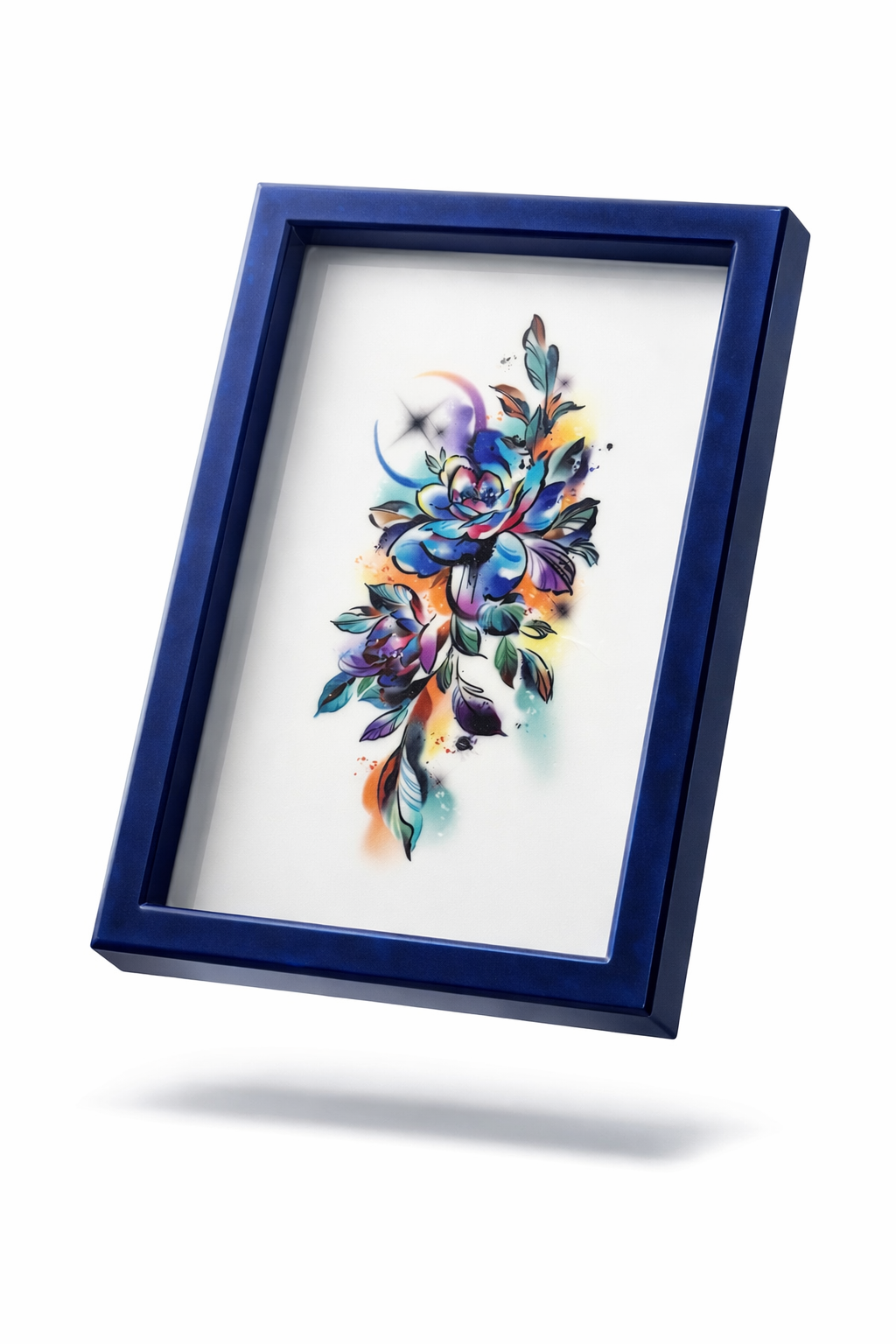 Colorful floral tattoo design in a blue frame on a white background