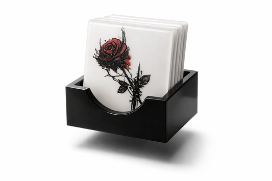 Black holder with white cards featuring black and red floral designs on a white background